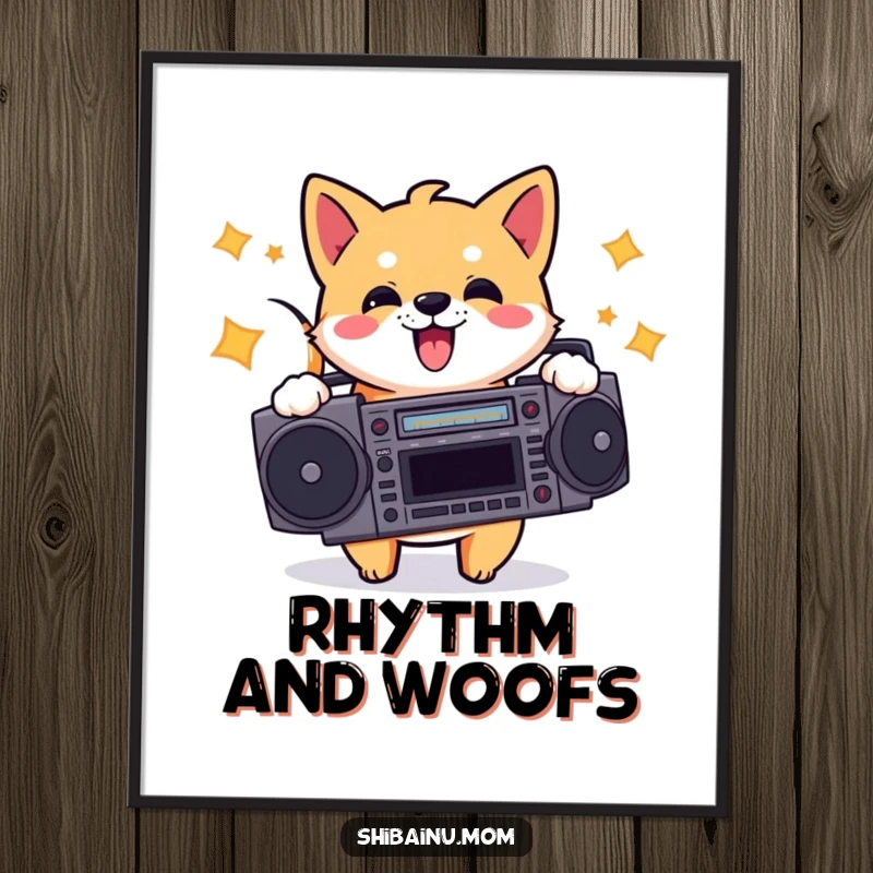 Funny poster of an energetic Shiba Inu holding a boombox and bopping its head, creating a lively, retro-inspired musical atmosphere.