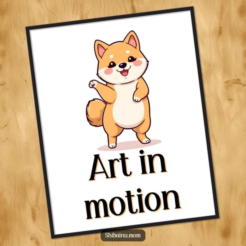 Funny poster of a Shiba Inu dancing with one leg raised, capturing a moment of pure, joyful movement and playful energy.