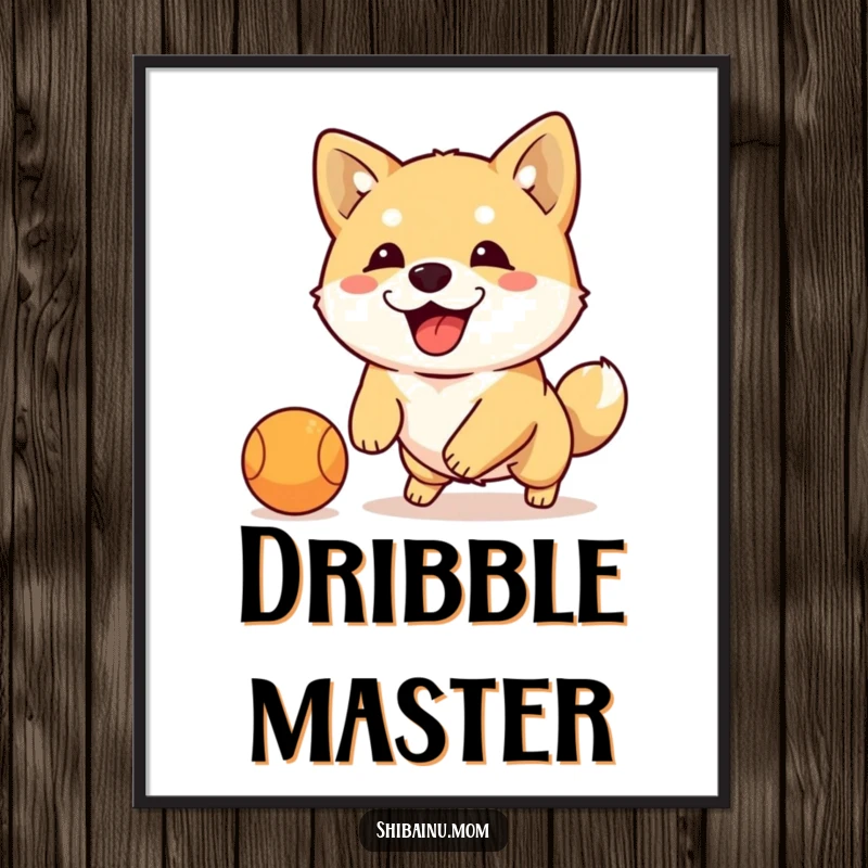 Funny Shiba Inu dribbling ball poster, energetic dog with floppy ears intensely plays with a small ball, dynamic humorous artwork.