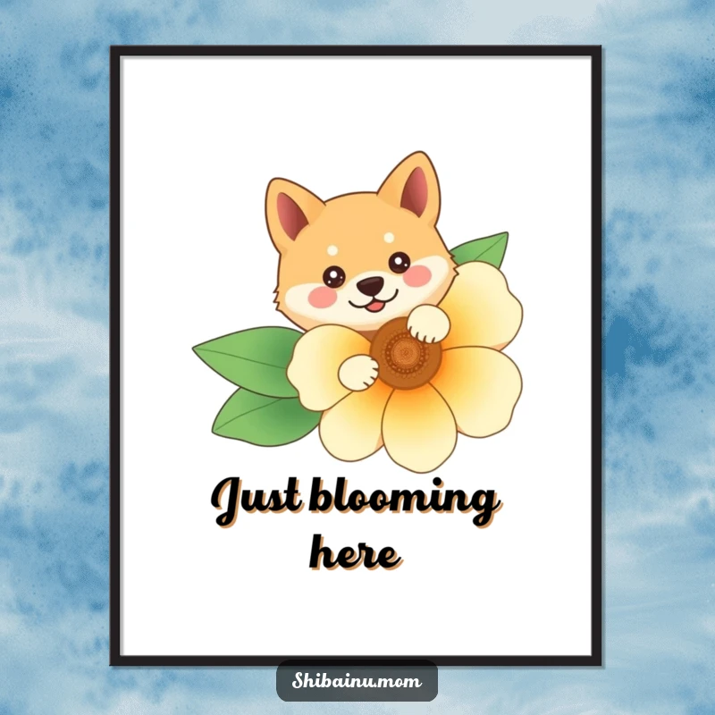Funny Shiba Inu poster featuring the character peeking from behind a big, bright flower, creating a playful and visually engaging scene.