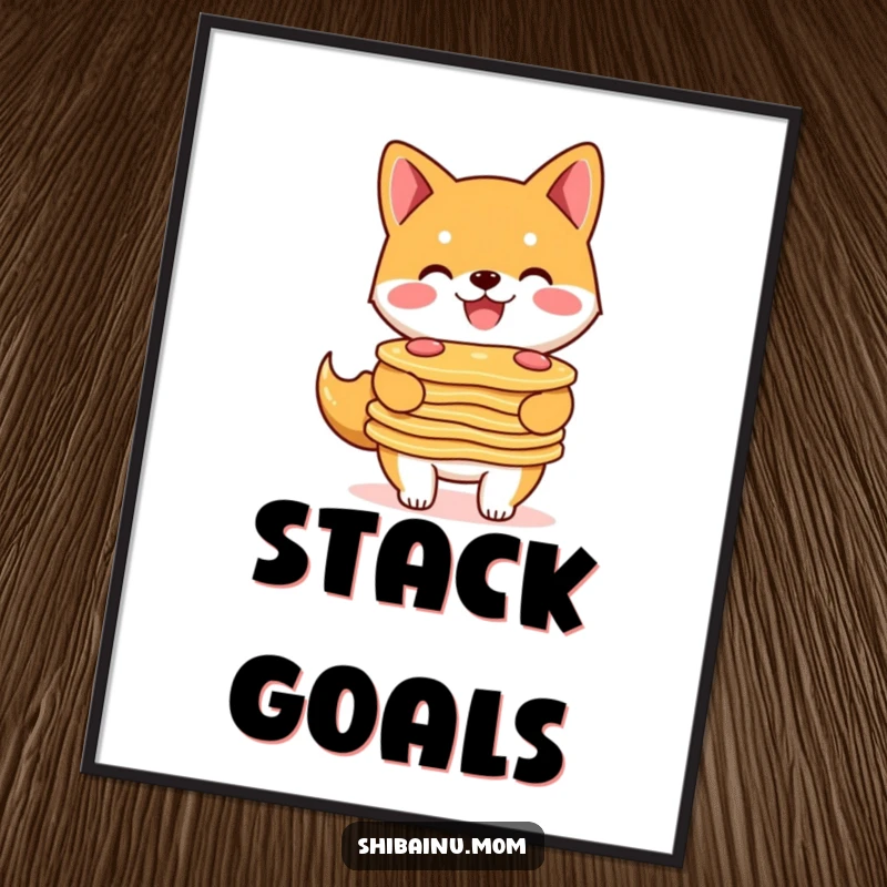 Funny Shiba Inu poster depicting a smiling doggle balancing a tall stack of fluffy pancakes, ready for breakfast.
