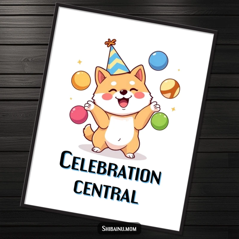 Funny Shiba Inu poster, party hat, excitedly juggling colorful balls, vibrant and festive artwork, a perfect funny gift.