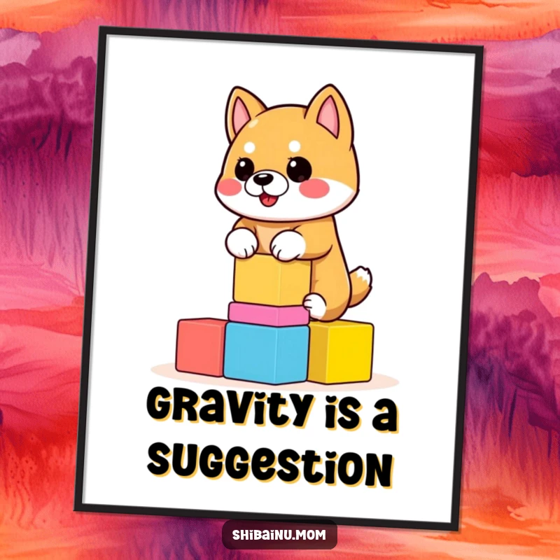 Funny Shiba Inu Poster featuring a dog attempting to balance a stack of precarious, colorful blocks. Humorous art, funny gift.