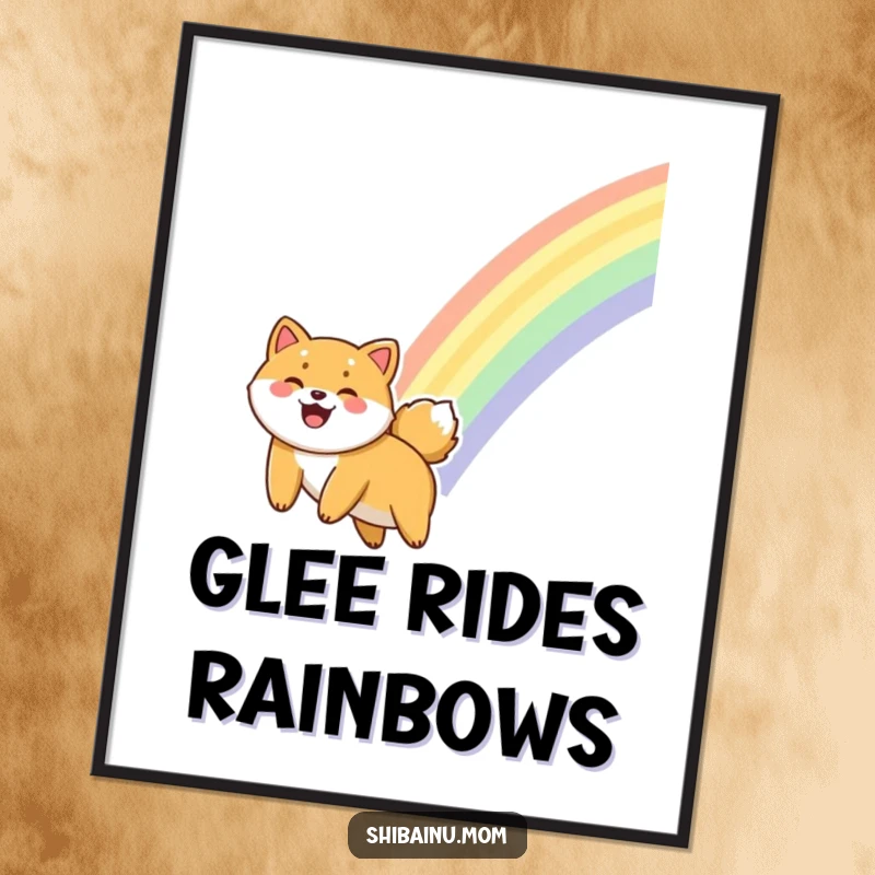 Funny Shiba Inu poster art of a dog giggling while sliding down a vibrant, colorful rainbow, full of pure joy.
