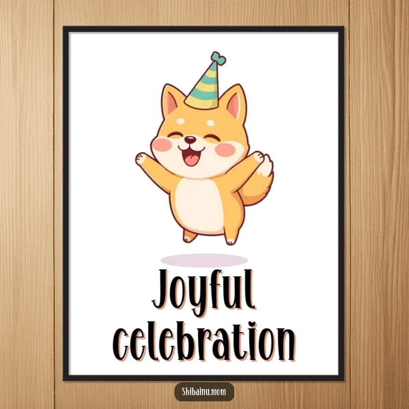Funny Shiba Inu Poster: A Shiba Inu in a festive party hat is depicted jumping joyfully, a true celebration of happiness.