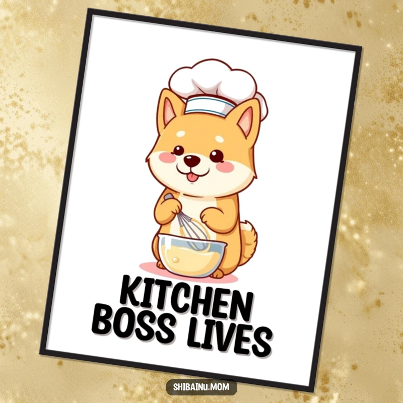 Funny Shiba Inu dog wearing a chef hat and happily whisking batter, depicted as a culinary artist on a poster.