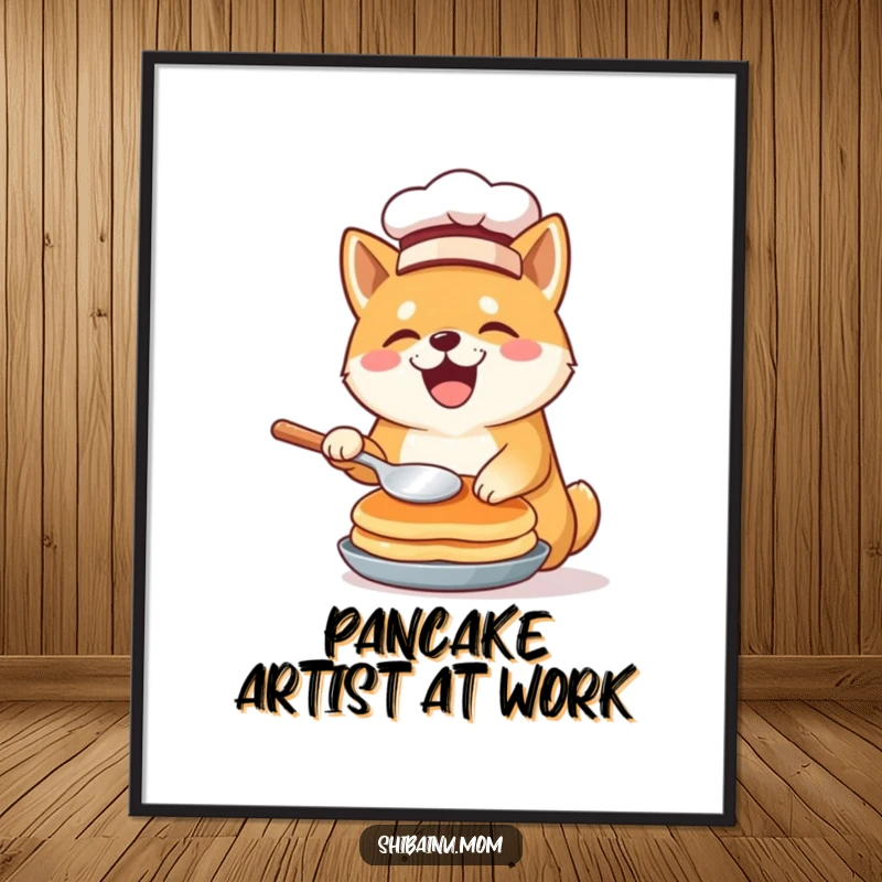 Funny Shiba Inu chef poster, wearing a tiny hat and expertly flipping a pancake, adding a humorous touch to wall art.