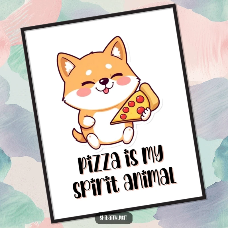 Funny Shiba Inu poster winking and holding a giant pizza slice, humorous wall art for a kitchen or living space.