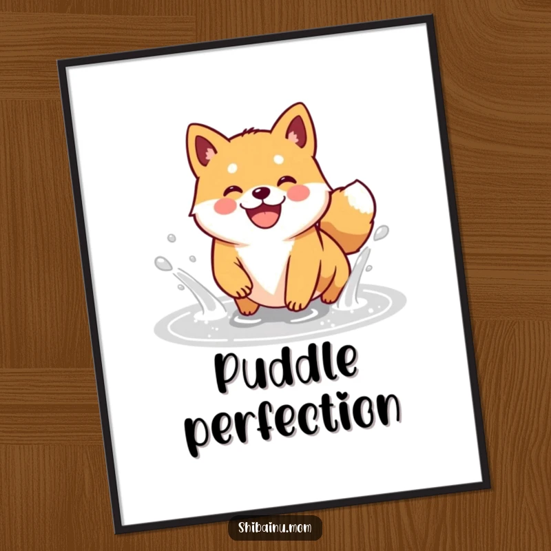 Funny Kawaii Shiba Inu poster showcasing a happy doggle gleefully splashing in a puddle with its signature wide, infectious grin.