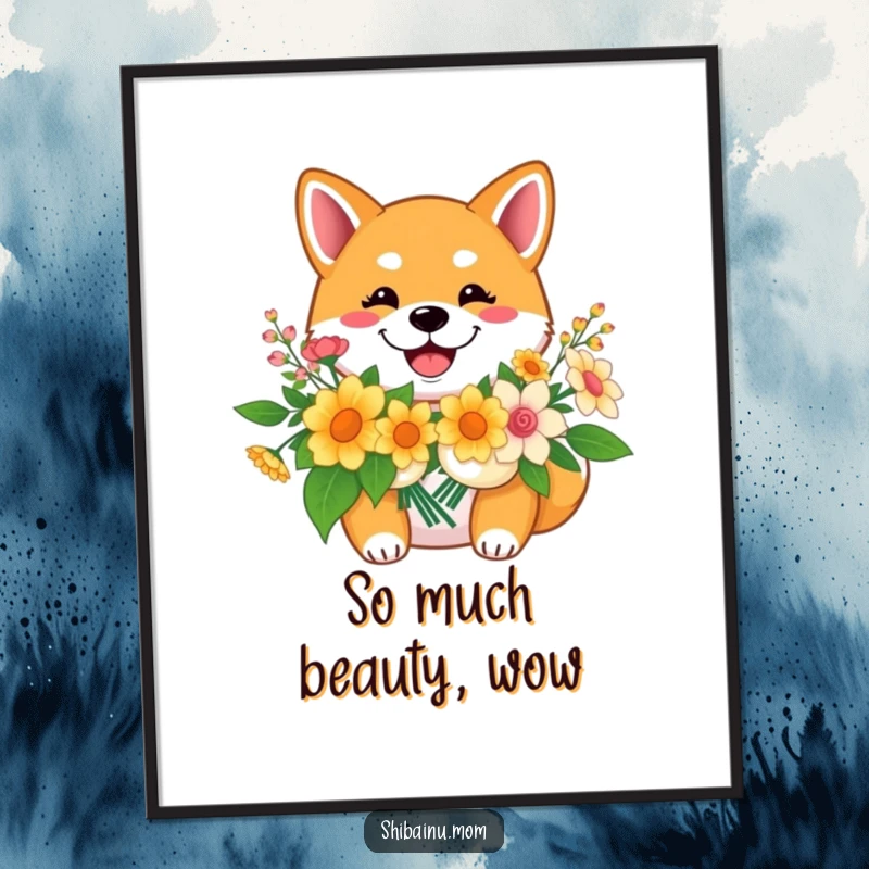 Funny Shiba Inu poster, a smiling dog holds a bouquet of flowers, radiating cheerful beauty and heartwarming joy.