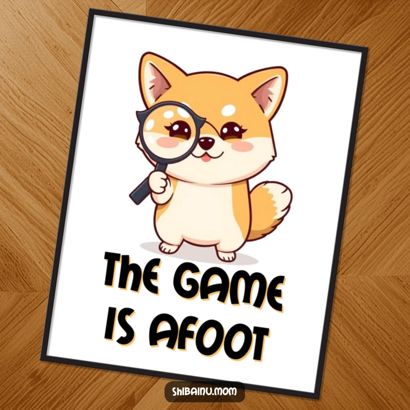 Funny Shiba Inu dog poster art, a mischievous Shiba Inu holding a magnifying glass, perfect for adding a touch of detection to walls.