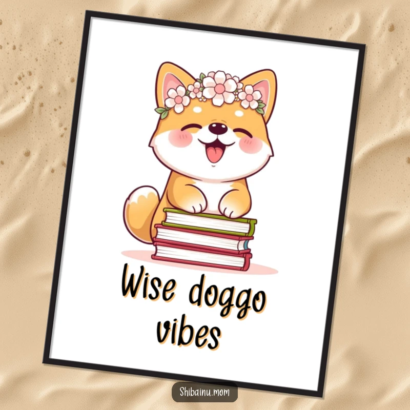 Funny Shiba Inu poster, flower crown, giggling with a stack of books, whimsical artwork for home decor, a perfect funny gift.