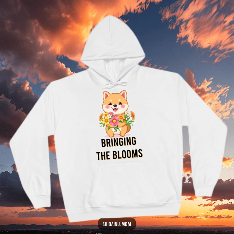 Funny Kawaii Shiba Inu hoodie featuring a happy dog holding a bouquet of cheerful flowers. Cozy, cute, and sweet, an ideal funny gift.