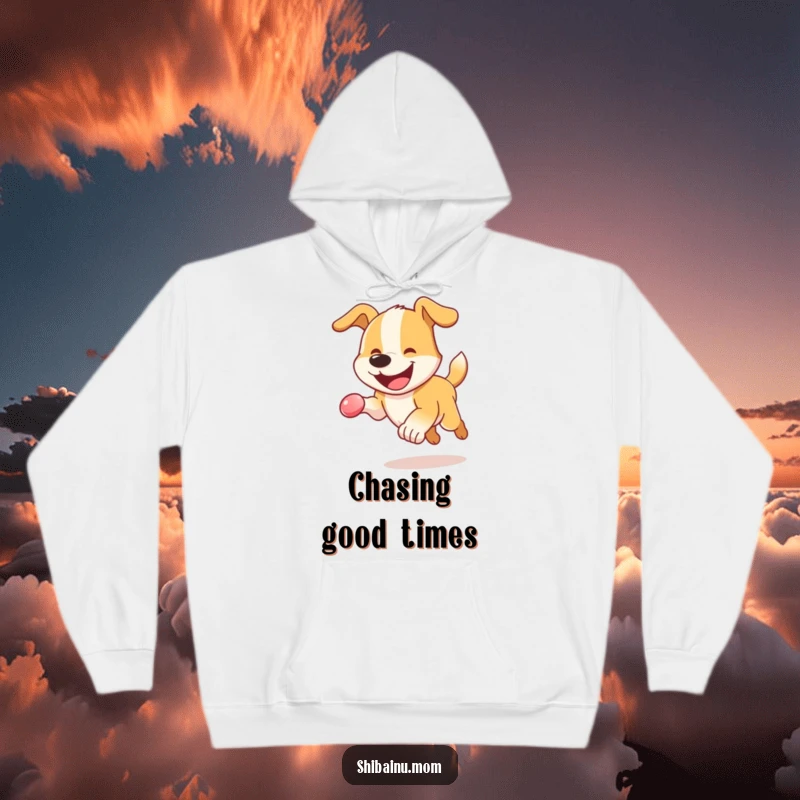 Funny Dog Hoodie: A happy dog with a massive grin energetically leaping after a bouncy sphere, showcasing playful movement.