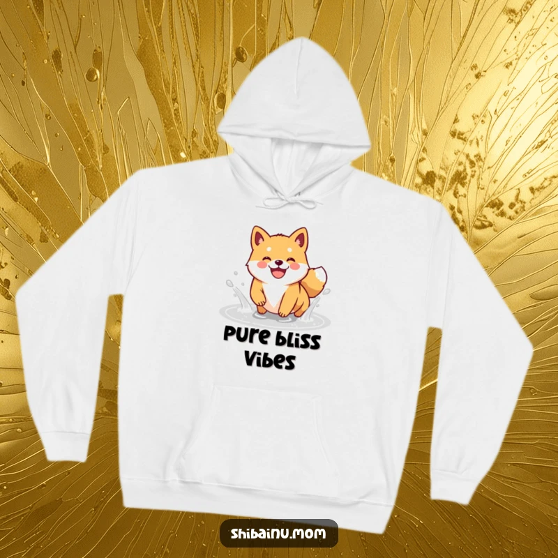 Funny Kawaii Shiba Inu hoodie showing a happy doggle having a blast splashing in a puddle with a wide, cheerful grin.