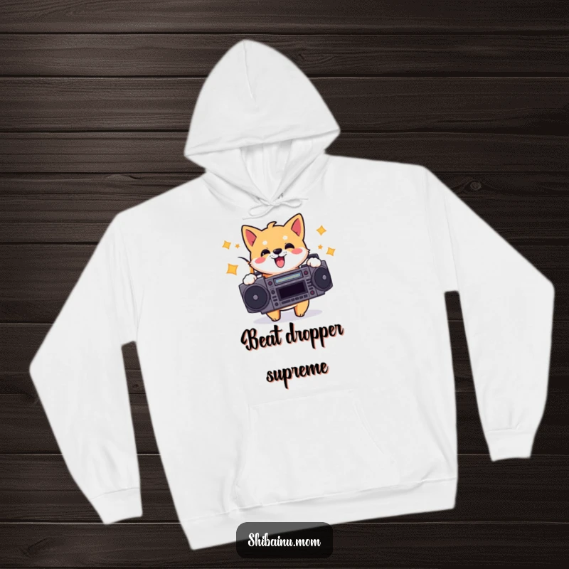Funny hoodie featuring an energetic Shiba Inu with a boombox, bopping its head, offering a warm and musical statement piece.