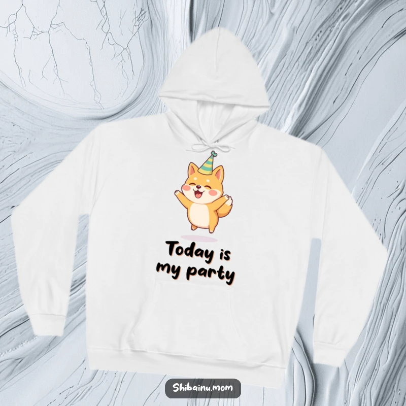 Funny Shiba Inu Hoodie: A Shiba Inu dons a party hat and jumps for joy, embodying pure celebration and happiness.