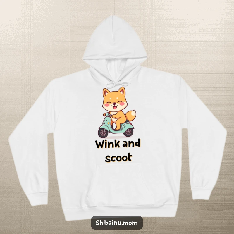 Funny Shiba Inu dog hoodie, winking with charm, riding a small scooter, showing a happy and cool dog, perfect holiday gift.