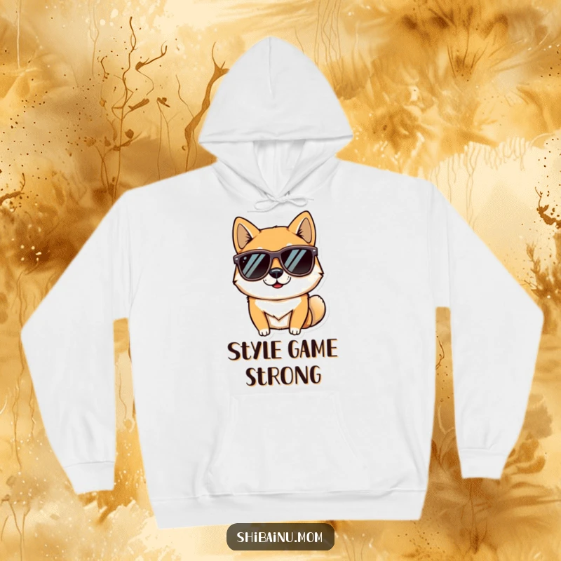 Funny hoodie with a Shiba Inu dog wearing large sunglasses, posing confidently, offering warmth and a dose of canine coolness, a humorous apparel.