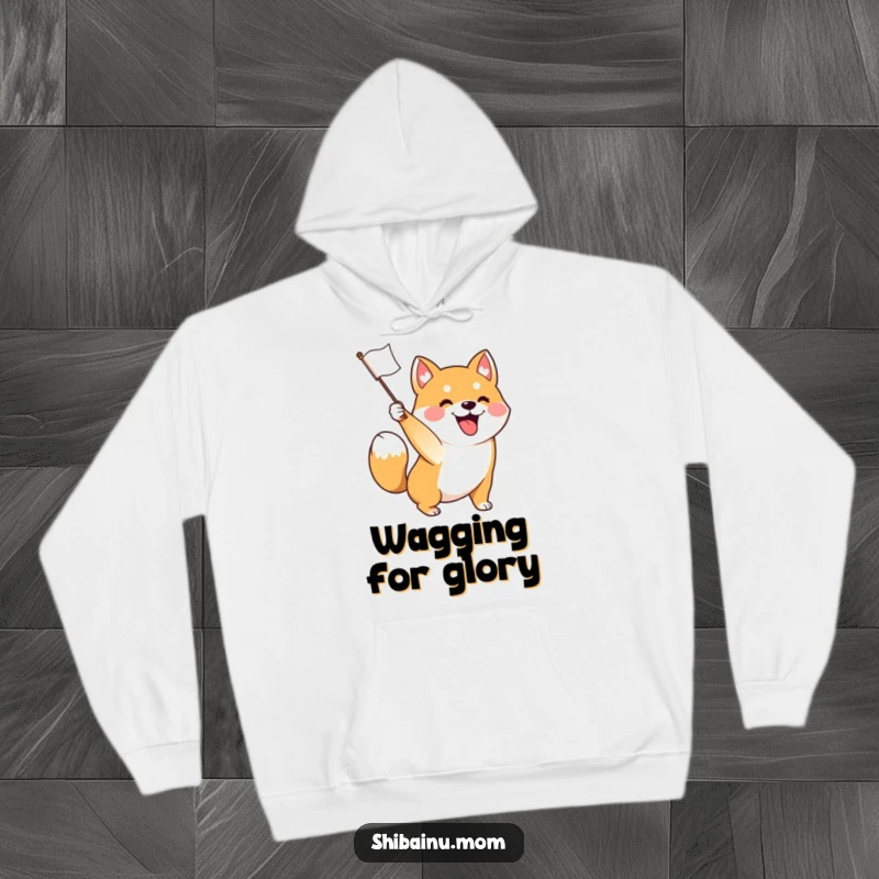 Funny hoodie showing an excited Shiba Inu dog waving a flag with a rapidly wagging tail, offering warmth and a dose of party spirit.