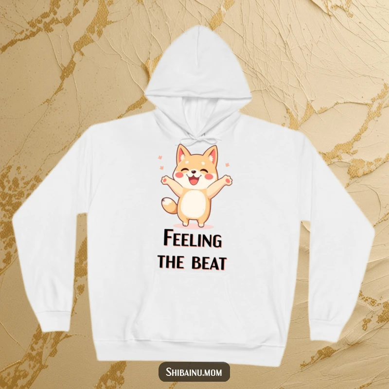 Funny Shibainu hoodie featuring a dog performing a happy dance with paws raised high, radiating joy.