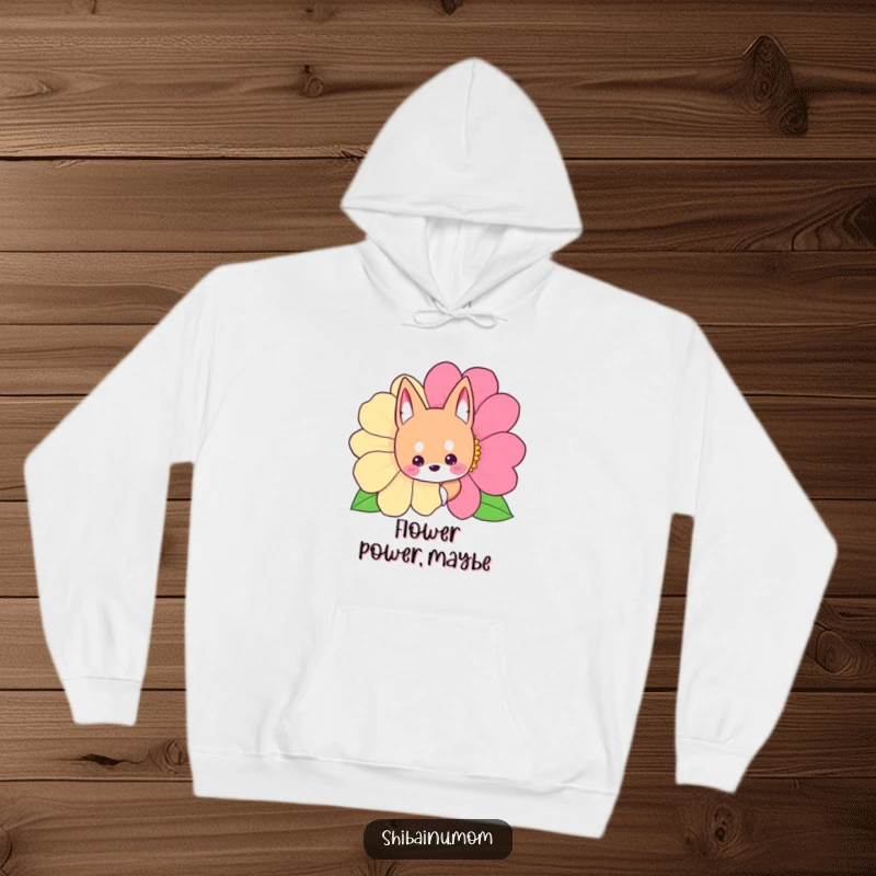 Funny Shibainu hoodie featuring a dog peeking from behind a flower, offering warmth and playful charm.