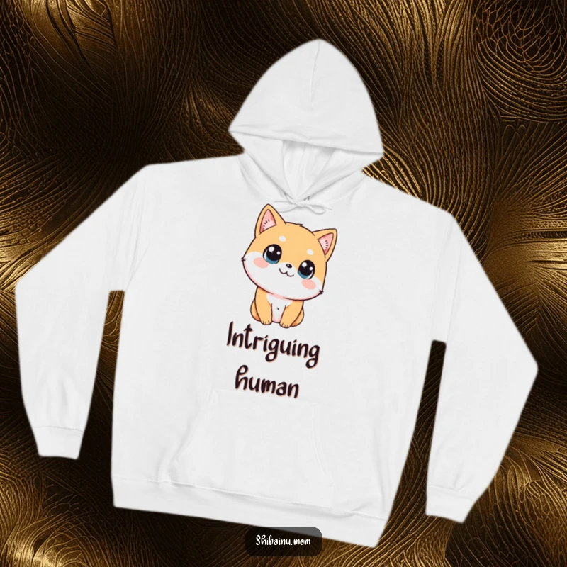 Funny Shibainu hoodie with a dog tilting its head, big curious eyes conveying thoughtful charm.