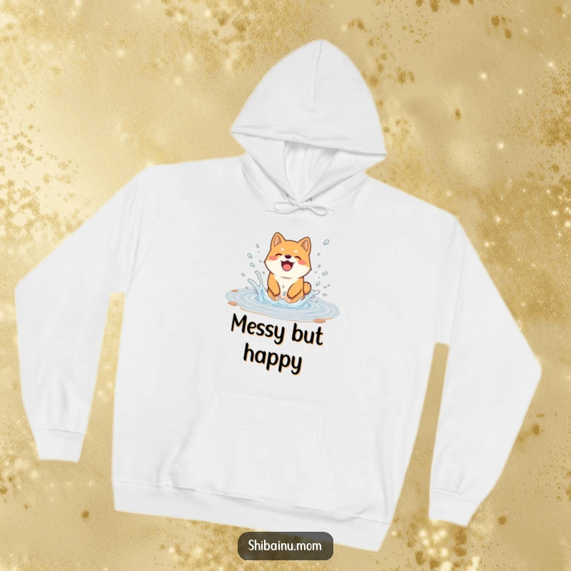 Funny hoodie showcasing a Shiba Inu dog joyfully splashing in a puddle, water droplets flying, offering warmth and a dose of pure canine happiness.