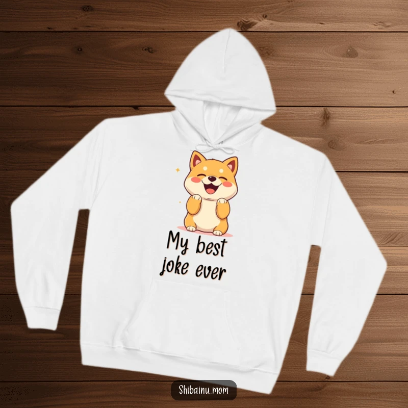 Funny Kawaii Shiba Inu Hoodie with paws up, laughing heartily, ideal for cozy humor.