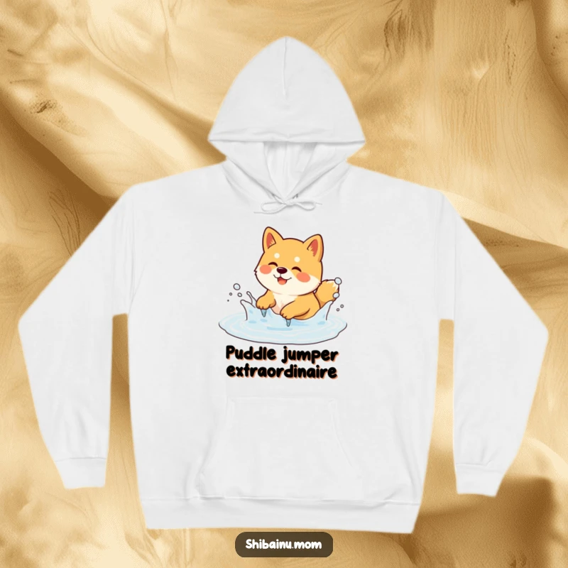 Funny Shiba Inu Hoodie featuring a dog happily splashing in a bubbly puddle. Cozy and fun, a perfect funny gift.