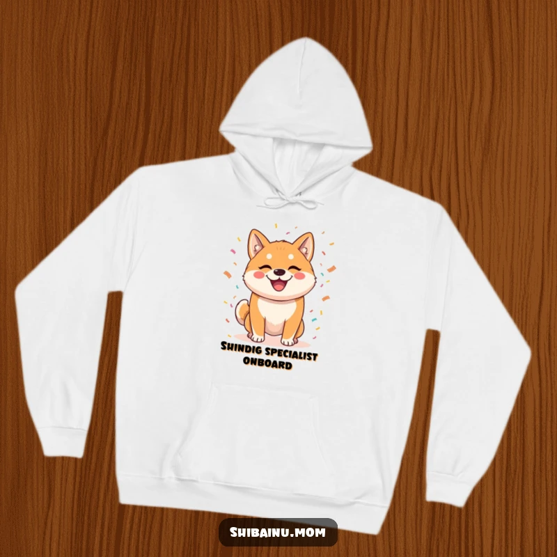 Funny hoodie with a mischievous Shiba Inu throwing confetti, offering a warm, comfortable, and festive way to express party enthusiasm.
