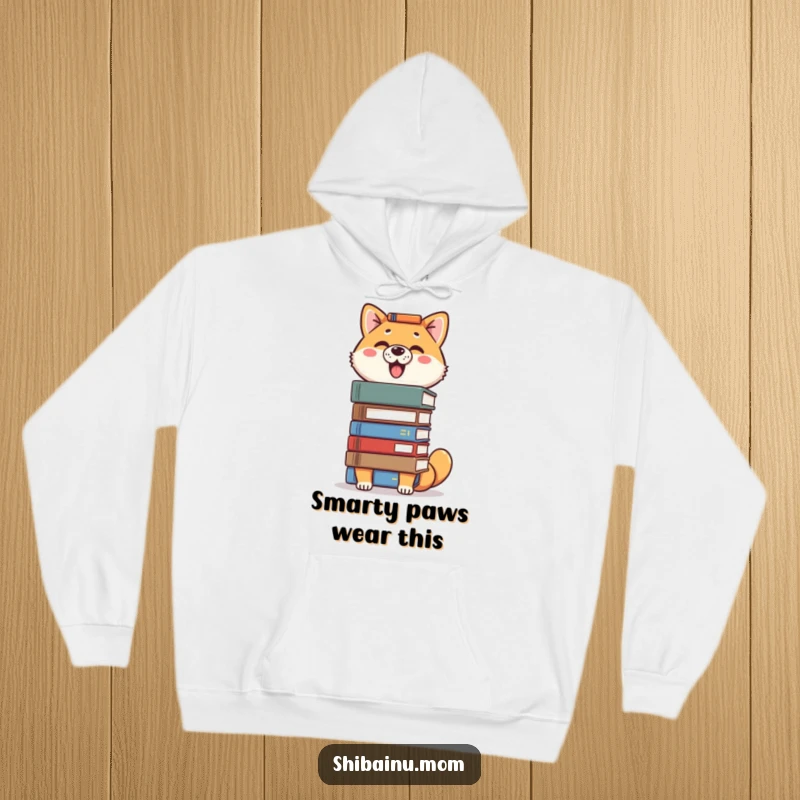 Funny Shiba Inu hoodie illustrating a proud dog balancing a precarious stack of books on its head, looking keen.