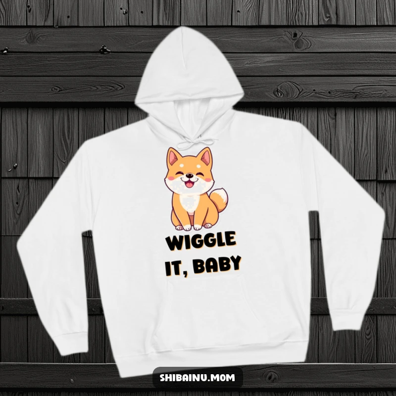 Funny kawaii Shiba Inu hoodie showing big ears and a happily wiggling tail, offering warmth and a dose of adorable humor.