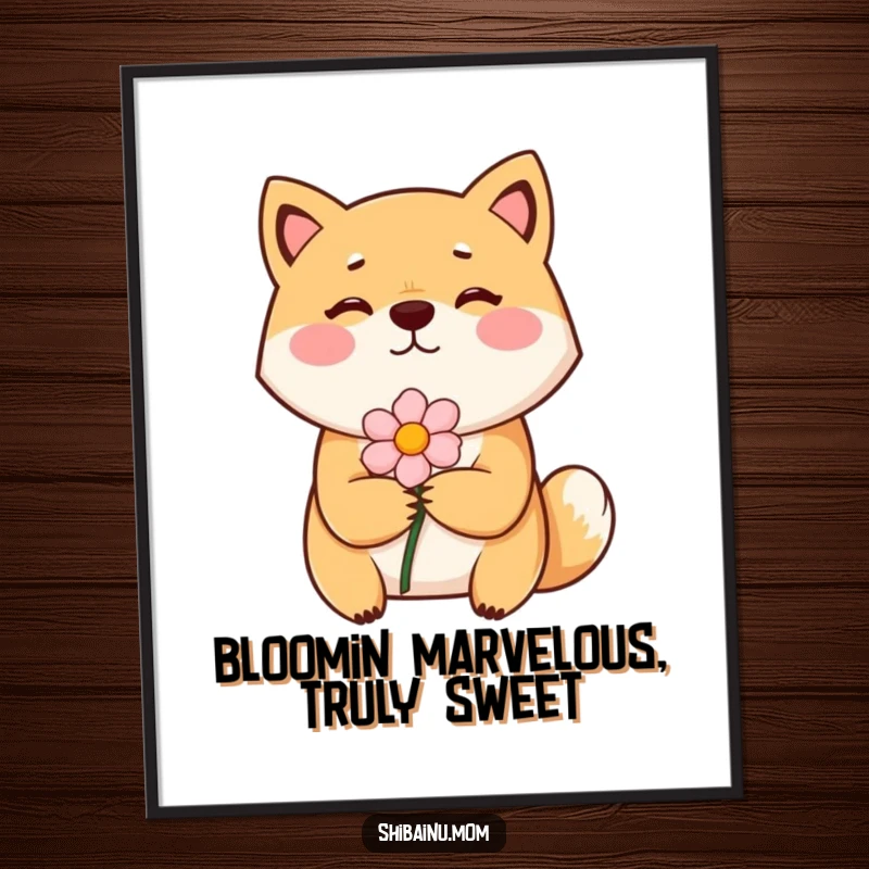 Funny Free Printable Bashful Shiba Inu Wall Art, a shy dog with rosy cheeks handing a flower, sweet home decor, printable art.
