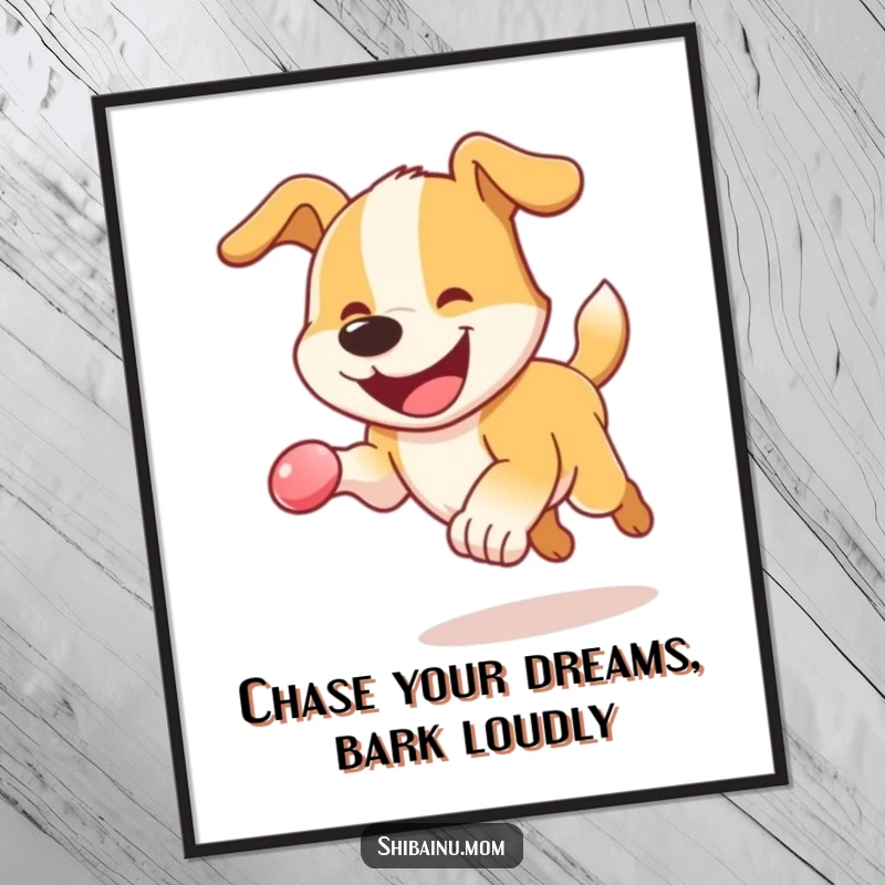Funny Free Printable Wall Art: Energetic dog with a huge grin leaping after a bouncy sphere, radiating joy and playfulness.