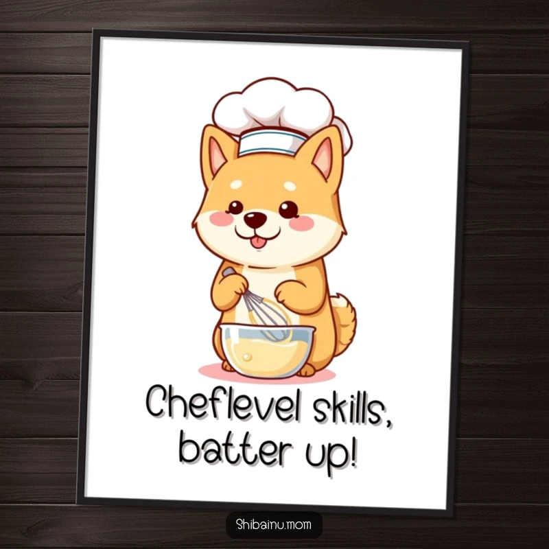 Funny Free Printable Wall Art: Shiba Inu dog wearing a chef hat, happily whisking batter.