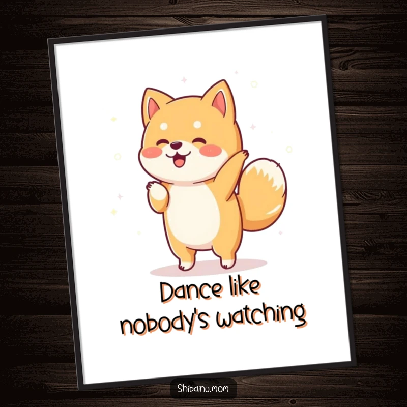 Funny Free Printable Wall Art featuring a happy Shiba Inu doing a little dance surrounded by shimmering, magical sparkles.