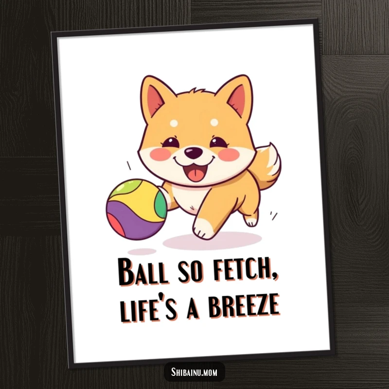 Funny free printable Kawaii Shiba Inu puppy art, gleefully chasing a colorful ball, bringing joyful energy to any room.