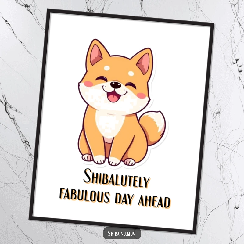 Free printable wall art featuring a cute kawaii Shiba Inu with large ears, its tail in a happy, energetic wiggle.