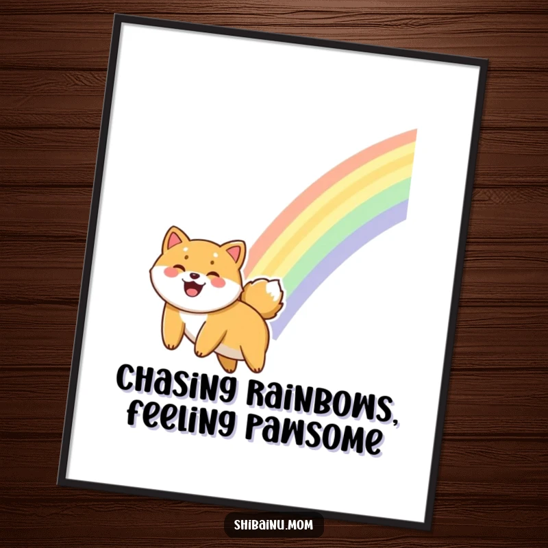 Funny Free Printable Giggling Shiba Inu Wall Art, a dog sliding down a rainbow with glee, cheerful home decor, printable art.