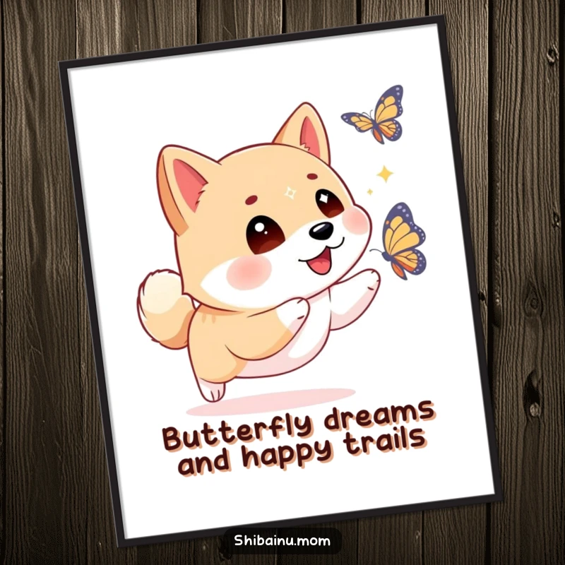 Free printable wall art of a Shiba Inu with mesmerizing, sparkling eyes, playfully pursuing a colorful butterfly.