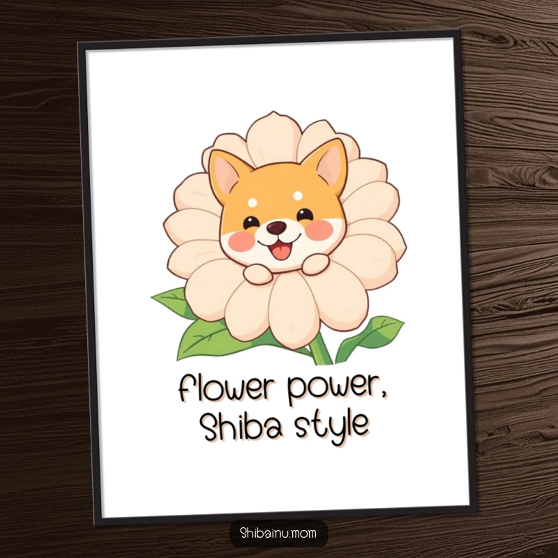 Funny Free Printable Wall Art: A cute Shiba Inu peeking playfully from behind a giant, smiling flower.