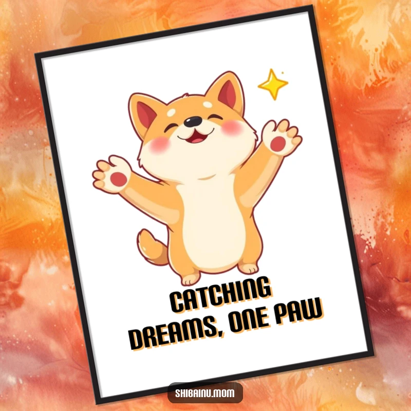 Free printable wall art of a Shiba Inu with paws wide open, reaching to catch a beautiful falling star.