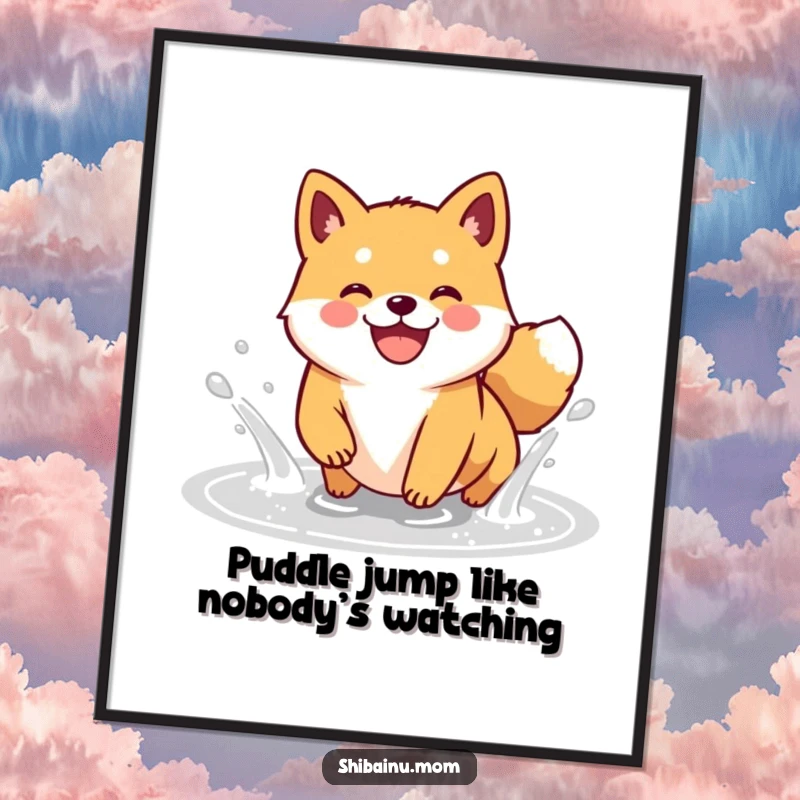 Funny Free Printable Wall Art: A kawaii Shiba Inu playfully splashing in a puddle, its happy grin radiating pure delight.