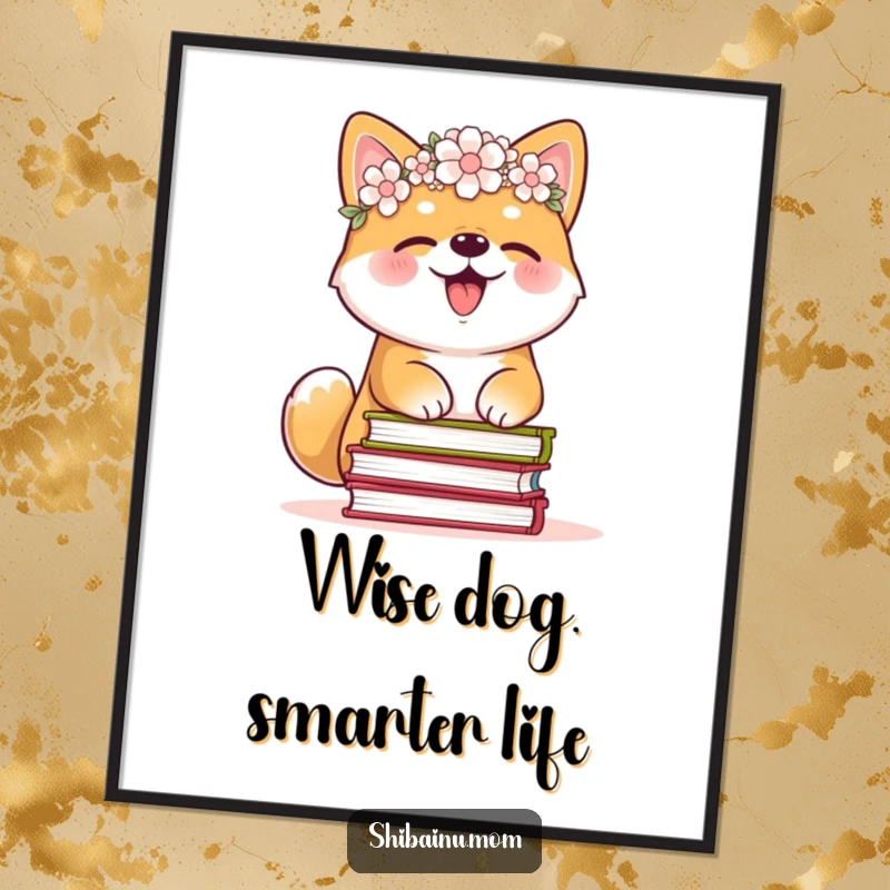 Funny Free Printable Wall Art: Adorable Shiba Inu with a flower crown giggling uncontrollably while precariously balancing a stack of books.