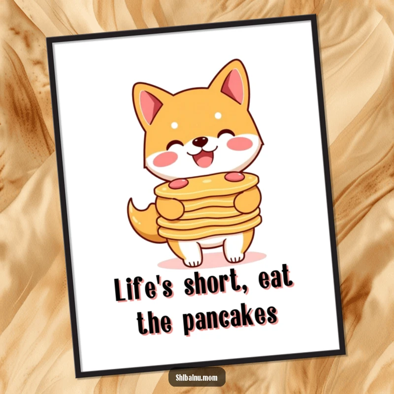 Funny Free Printable Wall Art: A Shiba Inu with a big, happy smile proudly holding a stack of fluffy pancakes.
