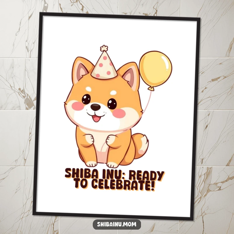Funny Free Printable Shiba Inu Wall Art: A fluffy Shiba Inu dog wearing a party hat and holding a balloon, ready for celebration.