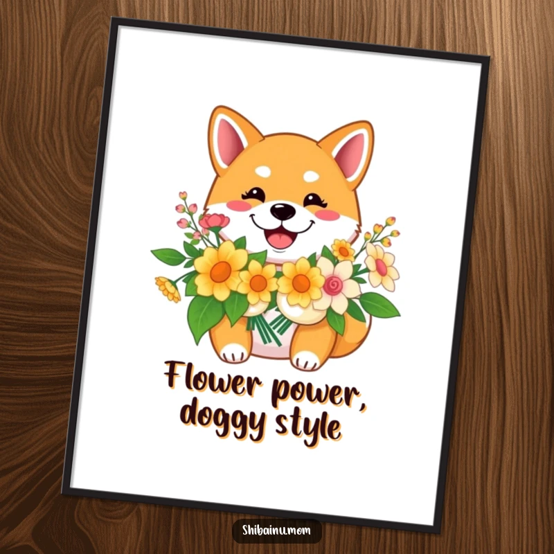 Funny Free Printable Wall Art: A happy Shiba Inu dog beaming a wide smile holds a generous bouquet of colorful flowers.