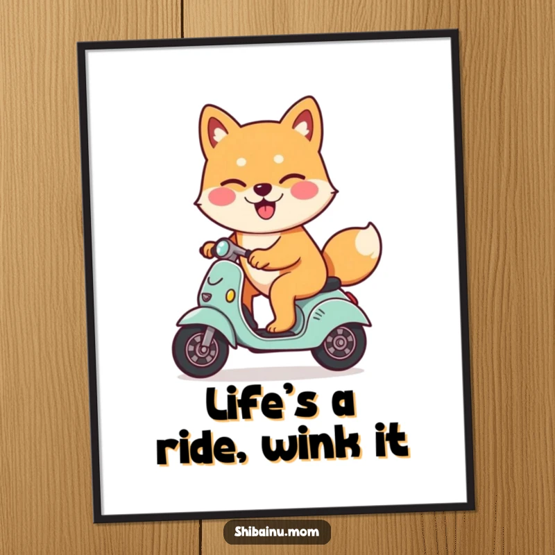 Funny Free Printable Shiba Inu Wall Art: A Shiba Inu gives a cheeky wink while confidently riding a small scooter.