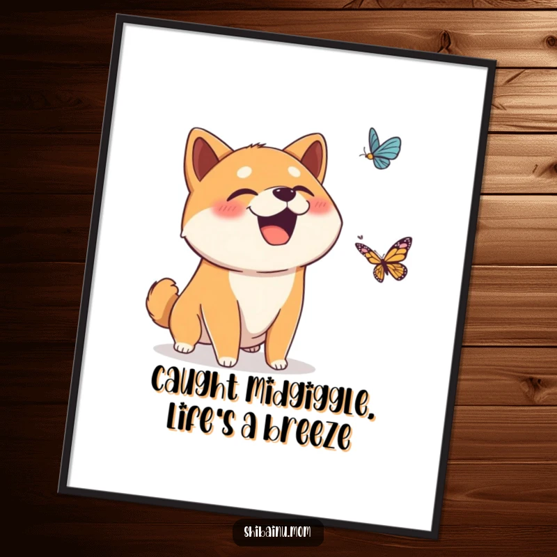 Funny Free Printable Wall Art: A Shiba Inu giggles, surprised by a falling butterfly, mouth open, charming decor.